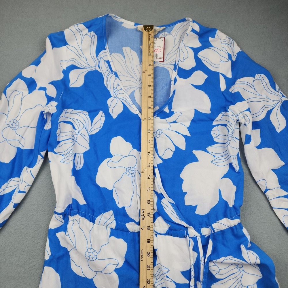 Ocean Drive Dress Womens Medium Blue Floral Wrap V Neck 3/4 Sleeve Ruffle Mini - Picture 6 of 10